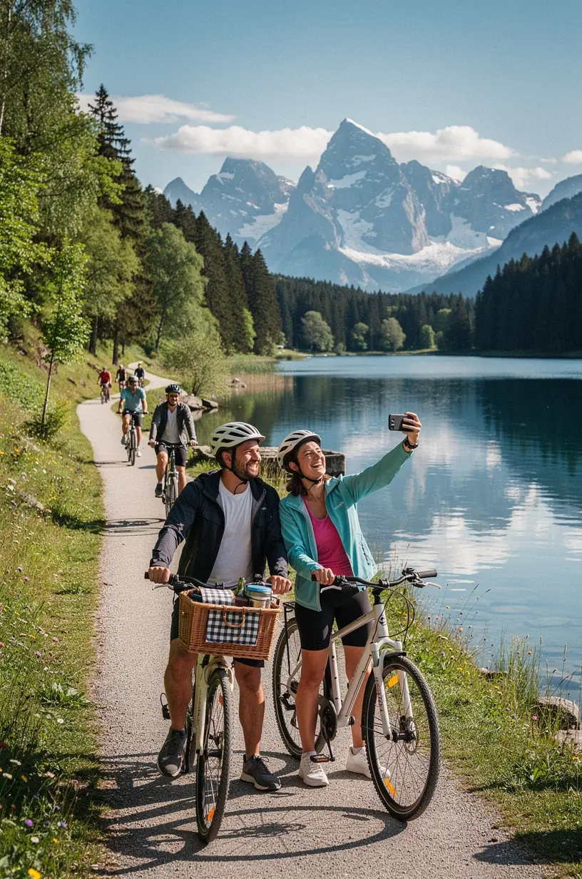 Wanderer genießen einen sonnigen Tag auf einem gut ausgeschilderten Naturpfad durch grüne Wälder und sanfte Hügel.